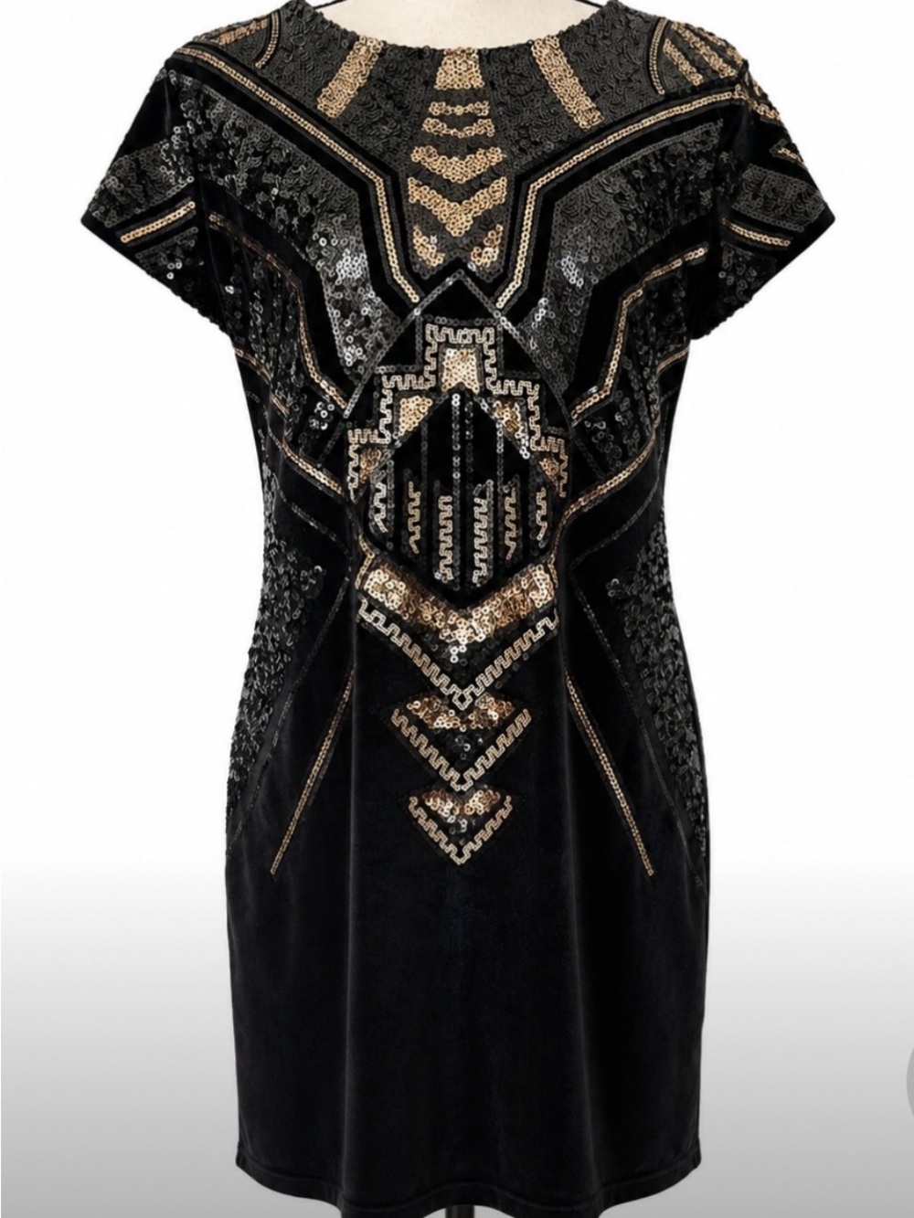 Black Velvet Sequin Mini Dress Art Deco Geometric Gold Black Mobwife Glam Chic
